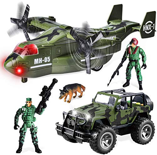 JOYIN Set giocattoli veicoli militari di Aereo trasporto e Camion militare a frizione con luci e suoni Figure di azione da collezione soldati per bambini