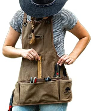 Ironwood Tool Co. 16oz Waxed Canvas Garden Tool Apron with Shoulder Pads, Double Stitched Pocket, Metal Grommets for Strap