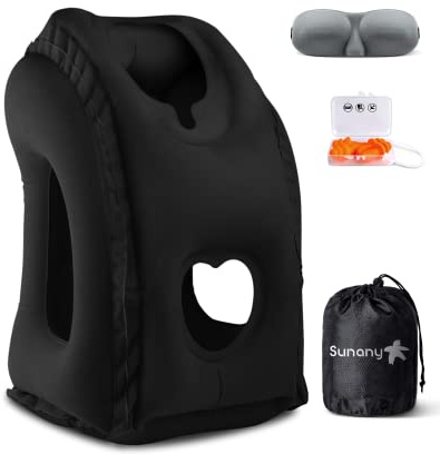 Sunany Travel Pillow, Inflatable Neck Pillow Used for Airplanes/Cars/Buses/Trains/Office Napping with Eye Mask/Earplugs (Balck)