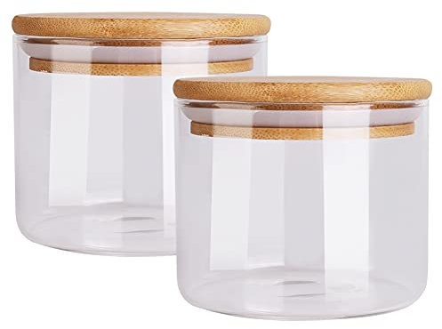 Set di 2 barattoli da 650 ml, in vetro con coperchio in bambù, ermetici, per spezie, fagioli, polvere