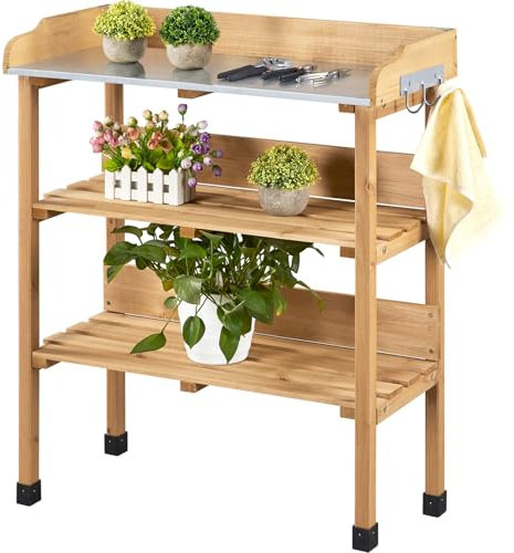 Yaheetech Garden Potting Table, Wooden Germination Table Planting Work Station with Hooks and Shelves for Patios/Courtyards, Wood