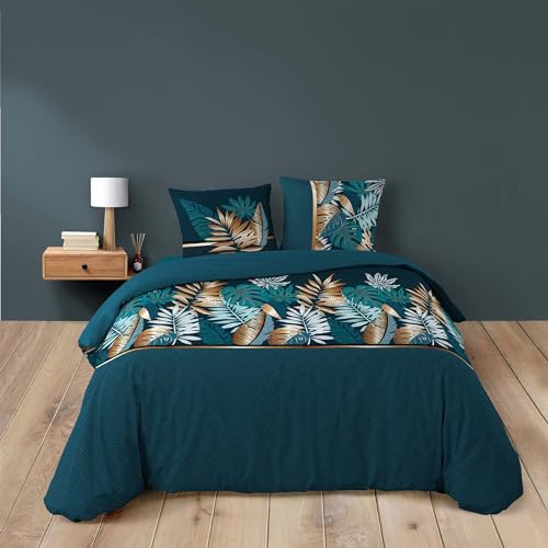 Douceur d'Intérieur, Parure de Lit 3 Pièces (260 x 240 cm) Alianor Bleu, 100% Coton