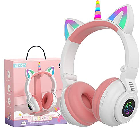 YUSONIC Unicorn Headphones, Bluetooth Headphones for Girls, Light up Wireless Kids Headphones for Birthday Travel School Gifts (white)