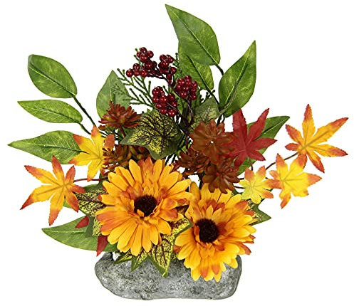 Künstliches Gerbera Blumengesteck auf Kunststein – Kunstblumen mit Herbstlaub & Beeren – Dekogesteck ca. 23 x 24 x 10 cm – Herbstdeko, Tischdeko & Pflegeleichte Blumendekoration