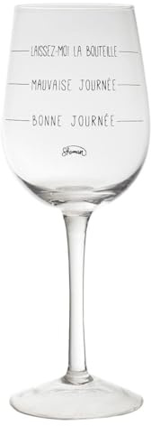Le Fabuleux Shaman 41-2X-006 Verre à vin Humeur du Jour Bonne journée Mauvaise journée Laissez-Moi la Bouteille Transparent et Noir Verre D8,5 x H22,5 cm