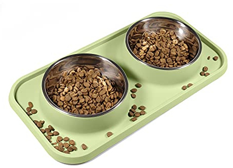 L.D.Dog Kattmatskålar, kattskålar halkfria och spillfria med stativ, avtagbara mat- och vattenskålar i rostfritt stål för katter (Olive Green)