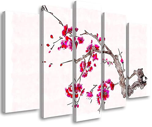 Feeby Impresión en Lienzo 150x100 cm Japón Cerezo floreciente Flores 5 partes Arte decorativo Impresión Artística Dormitorio Asia Oriental Del Este Rosa
