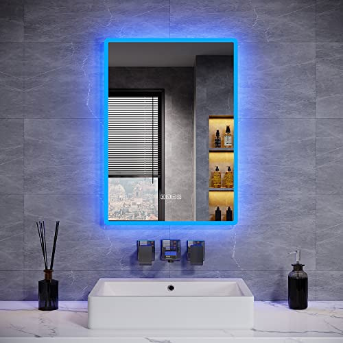 ELEGANT Blue Atmosphere Illuminated Bathroom Mirror with Shaver Socket, 500 x 700 mm LED Wall Mounted Vanity Mirror with Bluetooth Speaker, Anti Fog and Memory Function, IP44, Backlit Smart Mirrors