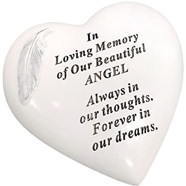 OnlineStreet Memorial Stone Heart Plaques Grave Ornaments - Personalised Grave Decoration White & Silver Plaques with Feather- Outdoor Memorial Plaques 15 x 15cm (Angel)