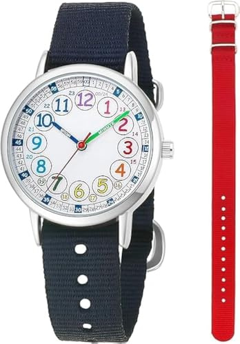 CHAOTECHY Orologio da polso analogico al quarzo per bambini, 2 pezzi, cinturino intercambiabile in tessuto, per imparare a leggere l'ora, Arcobaleno+rosso, Cinturino