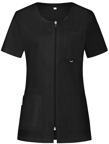 B-well Stella Blouse Médicale Professionnelle pour Femme, Manches Courtes, Col en V, Fermeture Éclair, 4 Poches, Noir, M