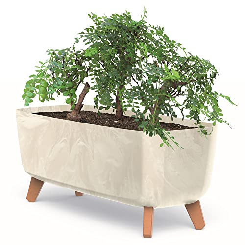 Blumentopf an den Füßen Töpfe Pflanzkübel 39 cm Breite Cremig Kunststoff Blumenkasten mit Einsatz Beton Optik Übertöpfe Geldbaum Kakteen Gummibaum