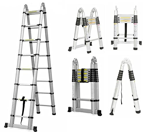 Scala telescopica in acciaio inox, 2,5 + 2,5 m, scala pieghevole antiscivolo, scala a libro, per interni ed esterni, 150 kg di portata, EN131