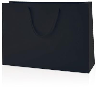 Thepaperbagstore 20 Svarta breda matta presentpåsar 35x24x10cm | Lyxiga mattlaminerade presentpåsar med starka rephandtag och förstärkt botten för gåvor, butik och event