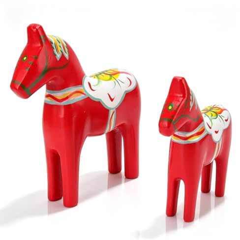 Cyrank Set von 2 schwedischen hölzernen Dala Pferd Figur, 9.3 /7.3 Hand gemalt Dala Pferd Geschenke National Stil Dalecarlian Pferd Statue Figur Tier Dekor Skulptur für Ornamente Dekoration