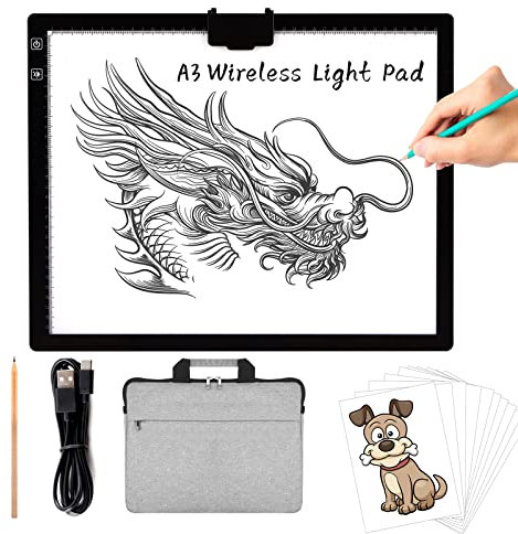 TOHETO A3 LED Leuchttisch mit Tasche, Integriertem Ständer, Magnetclip, 6-stufiger und Stufenloser 3-Farben-Dimmhelligkeits Kabellos Batteriebetrieben Leuchtkasten für Diamantmalerei, Skizzie