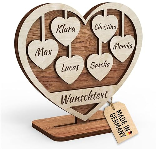 Urhome Holz Herz mit Gravur 6 Namen personalisiert Holzdeko Herzform Schild Geschenk für Großeltern Mama Oma Opa Eltern Mutter Hochzeit Muttertag Wunschtext Individuell mit Ständer