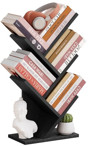 Hoctieon 4 Tier Tree Bookshelf, 4 Shelf Bookcase, Free Standing Tree Bookcase, Display Floor Standing Shelf for Books, Book Organizer Shelves for Home Office, Living Room, Bedroom, Black
