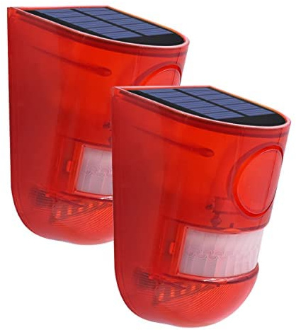 LEDHOLYT 2 Solar with Sound Strobe Light, Wall Mounted Outdoor Motion Red Sensor Alarm, 4 Modes of Motion Sensor, Alarm 129dB for Home Fence Farm Yard Garage Barn