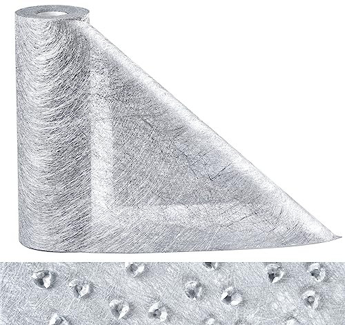 Anstore Tischläufer Silber Glänzend mit 150 Herzen Deko, Weihnachten Dekostoff Tischband Silber 23cmx30m Tischdeko Silberhochzeit, Tischdecke Silvester für Hochzeiten, Kommunionen, Taufen Weihnachten
