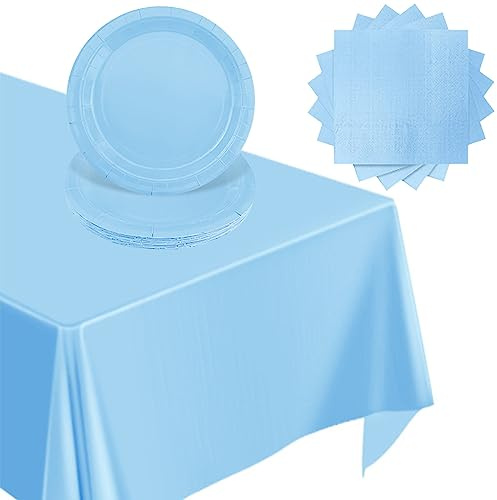 POPOYU 37 Pièces Anniversaire Vaisselle Bleu pâle de Fête en Papier -16x Assiettes en Papier,20 x Serviettes,Nappe,Ensemble de Vaisselle pour Fournitures de Décoration d'Noël Mariage (16 invités)