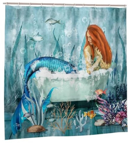 Duschvorhang Schöne Meerjungfrau 180x180cm, Gewichteter Saum, Schnell Trocknend Polyestergewebe Badezimmerzubehör, Waschbar Bad Vorhang Bohemien Shower Curtain mit Haken, für Badewanne/Dusche W-400
