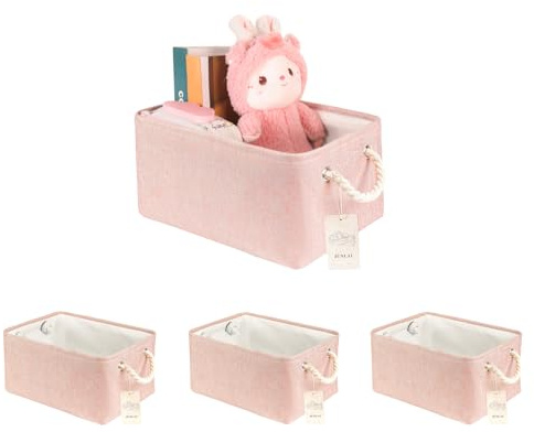 JUNLAI 4 Stück Aufbewahrungskorb Stoff mit Griffen, Faltbare Kleine Rosa Aufbewahrungsboxen, Kleiderschrank Aufbewahrungskörbe für Büro & Haus, Buch, Kleidung, Spielzeug (Rosa, Klein)