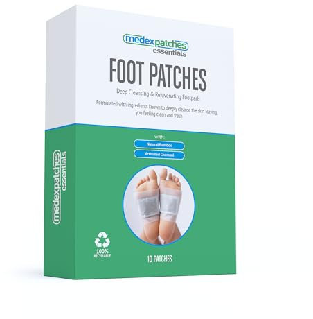 Medex Detox Foot Patches 10-Pack - Deep Cleansing & Rejuvenating Footpads with Natural Bamboo & Activated Charcoal for Stress Relief, Sleep Aid, Blood Circulation - UK & EU Approved