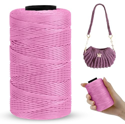 LEREATI Polyester Garn 1mm x 230m Makramee Garn 1mm Baumwollgarn Macrame Cord Polyester-Seil Baumwollkordel für Handtasche, Umhängetasche, Häkeltasche, Strickwaren (Helles Rosa)