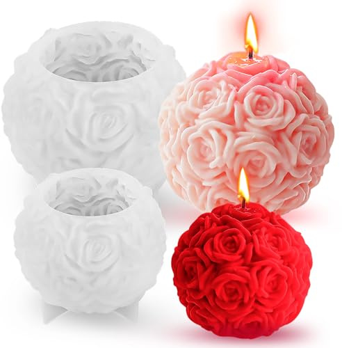 2 moldes de silicona con forma de bola de rosas, moldes para velas, juego de hacer velas en 3D, rosas y flores, moldes para velas, moldes de silicona para manualidades, adornos de vela perfumada,