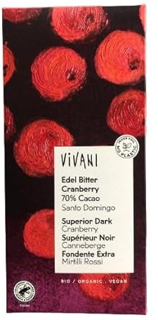 Vivani Chocolate Negro Superior 70% con Arándano | Chocolate Negro Gourmet | Vegano y Bio | Edición Grande | Paquete 10 Unidades x 100 gr