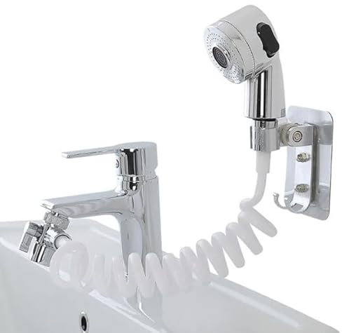 GLOUPIE Doccetta Per Lavandino Bagno Universale In ABS Cromato Solido E Resistente, Completa Di Supporto A Parete Con Bioadesivo, Flessibile Da 150 Cm E Deviatore In Ottone Cromo