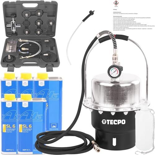 Druckluft Bremsenentlüftungsgerät inkl. Adaptersatz 17-teilig + 5x 1 L Bremsflüssigkeit SL6 DOT 4