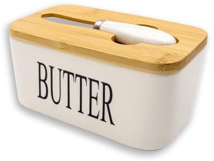 Intirilife beurrier avec couvercle et couteau en porcelaine blanche - 16.5 x 10 x 7.5 cm - boîte à beurre hermétique boîte de conservation pour beurre fromage boîte à beurre