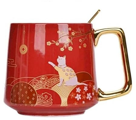 Tasse à café rouge avec chat porte-bonheur - Grande tasse à café en céramique 450 ml - Tasse à café créative 450 ml
