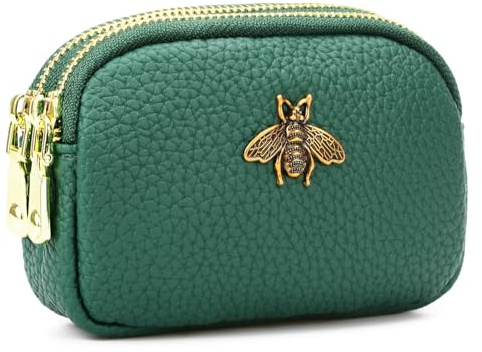 WOZEAH Leather Coin Purse for Women Small 2 Zipper Change Wallet with Key Ring Card Key Coin Cash Holder Pouch(Green)