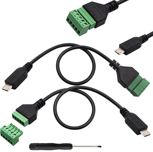 RUNCCI-YUN Lot de 2 câbles de connexion micro USB mâles vers 5 broches - Bornes à vis bouclier - Câble adaptateur de type enfichable - Connecteur micro USB sans soudure (30 cm)