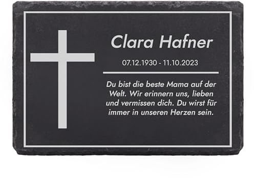 LAUBLUST Personalisierte Grabplatte als Grabschmuck für Menschen mit Wunschtext | Schieferplatte mit Gravur als Grabstein Deko & Grabtafel - Kreuz Motiv, 3 Größen | Schöne Grabsteine mit Name