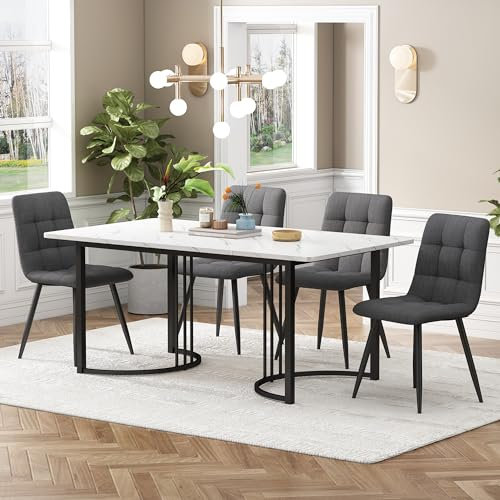 Ctastay Esstisch-Set mit 4 Stühlen 140x80 cm, Essgruppe mit 4 Stühlen aus Leinen, Küchen-Esstisch für Zuhause & Familie, Schwarz Metall Tischbeine + 4 Dunkelgrau Stühlen