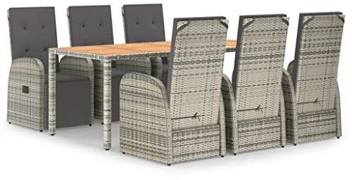 HETFTJN Sitzgruppe Outdoor Bierzeltgarnitur Terassenmöbel Außen Bistro Set - 7-TLG. Garten-Essgruppe mit Kissen Grau Poly Rattan für Garten Café Balkon Terrasse