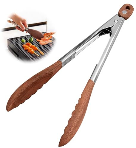 Premium Küchenzange aus Holz und rostfreiem Edelstahl, 30cm, Hitzebeständig, antibakteriell und pflegeleicht, Ideal zum Kochen, Grillen und Servieren, Olivenholz Hochtemperaturbeständig