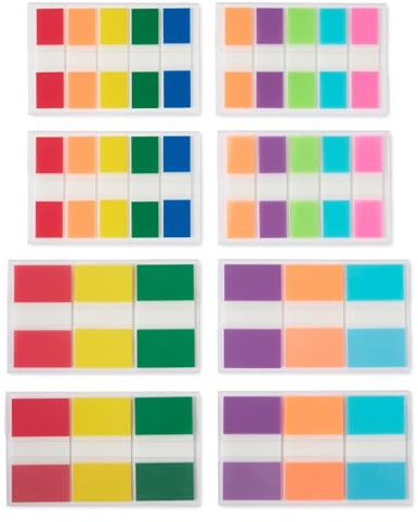 Amazon Basics Pestañas de Colores Adhesivas para Libros, Marcapáginas Autoadhesivos para Escribir Notas de Lectura, Archivos, Oficina, Paquete Surtido de 640 (240 de 2,4cm, 400 de 1,2cm de Ancho)