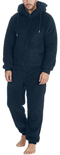 Combinaison Pyjama Homme Polaire Grenouillère Adulte Chaud Grenouillères Capuche Couleur Unie Polaire Doublure Mélange de Coton Jumpsuit Zippé Une Pièce Hiver Automne Chaud Confortable Pyjamas