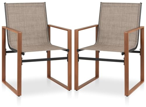 COSTWAY 2er Set Gartenstühle, Terrassenstühle mit atmungsaktiver Sitzfläche und Metallrahmen, Balkonstühle, Outdoor-Stühle bis 150 kg belastbar, für Garten, Balkon, Veranda (Braun)