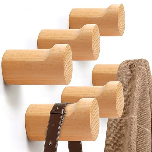 DANLINH&OCVIT Wood Wall Hooks 6 Pack– Handmade Oak–Rustic Minimalist Wooden Peg Rack for Coats, Hats, Towels–Easy Wall Mount for Entryway, Bathroom, Bedroom,Wooden Towel Hooks, Hook