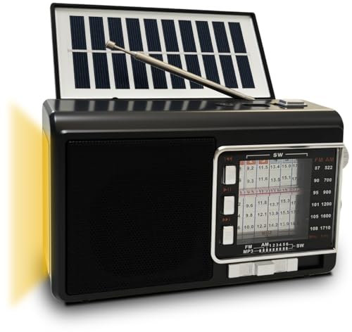 Poste Radio Portable avec Panneau Solaire & 1200mAh Battery, Récepteur AM/FM/SW1-6 avec 8W Haut-Parleur/TWS/USB/TF/Torche, Bluetooth Radio a Pile pour Camping/Urgence/Extérieur