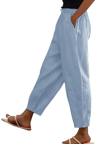 bolukets Leinenhose Damen 7/8 Leichte Freizeithose Casual Musselin Sommerhose Stoffhose Kordelzug Straight Leg Hose Mit Taschen