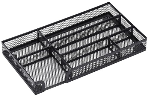 Vassoio organizer per cassetti da scrivania, in rete metallica, con 6 scomparti, organizer per matite e accessori per cancelleria, trucco, cancelleria da cucina (colore nero, taglia unica)
