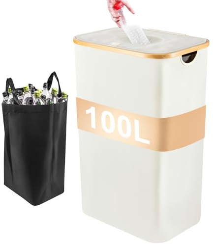 Trintion Pfandflaschen Sammelbehälter, 100L Pfandflaschen Behälter Mit Deckel & 2 Abnehmbaren Tragetaschen, Flaschensammler Leergut Fasst 30 Leere Flaschen, Leergut Für Küche Und Lagerraum, Beige