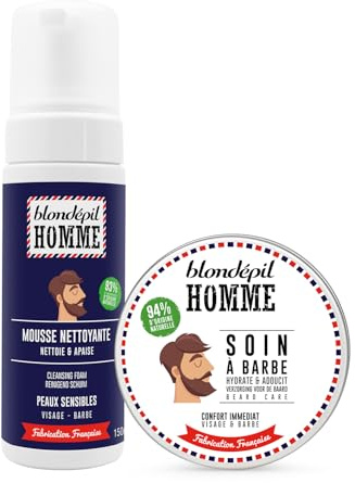 Blondépil Homme – Duo Mousse Nettoyante Visage & Barbe 150ml + Soin Barbe Homme 100ml, Nettoyant visage, Creme visage homme, 93% d’origine naturelle, Made in France